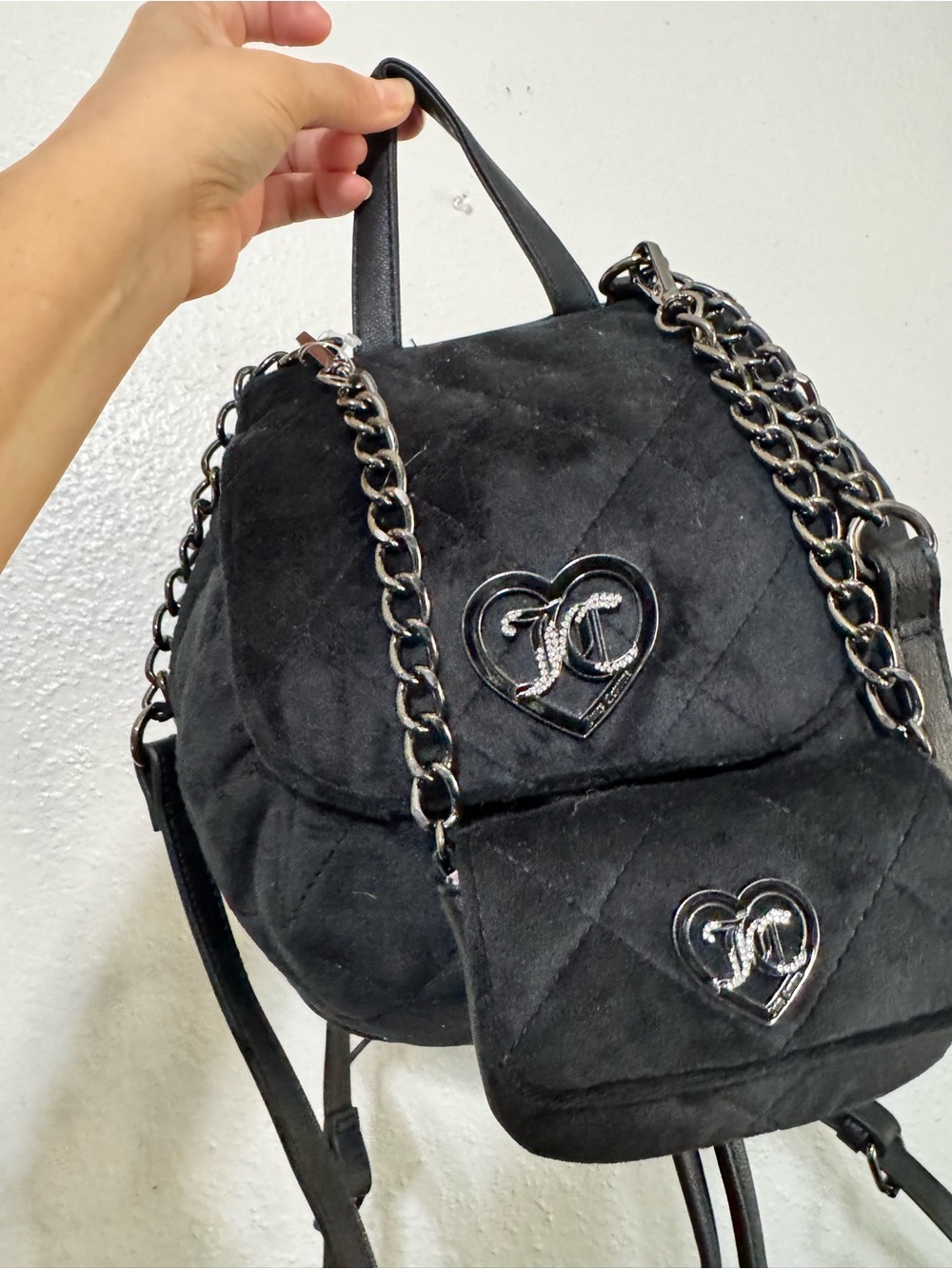 Juicy Couture Black Quilted Heart Backpack with Chain Straps